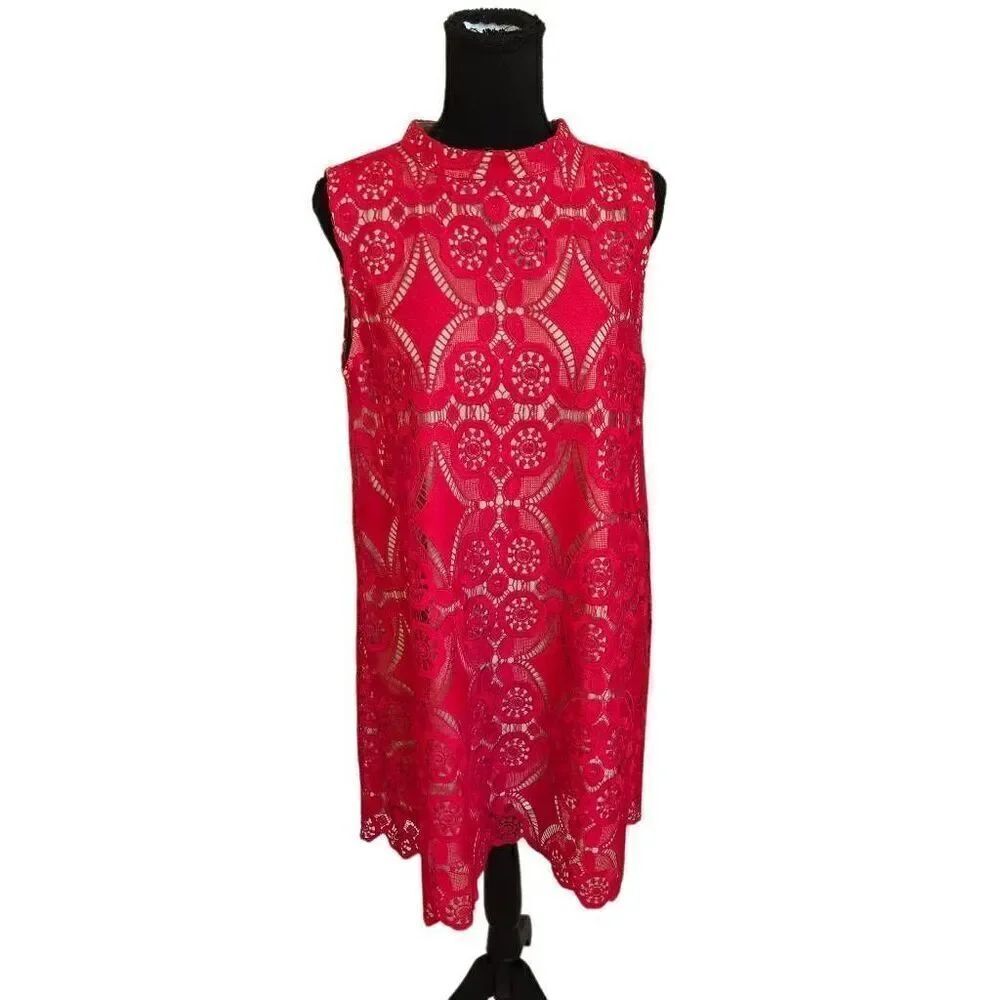 Umgee Women's Lace Mock Neck Sleeveless Lined Mini Shift Dress Red Size Large